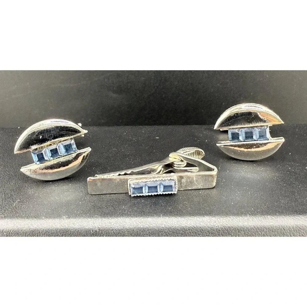 Vintage Cufflink Tiebar Clip‎ Set Silver Tone Blue Rhinestone